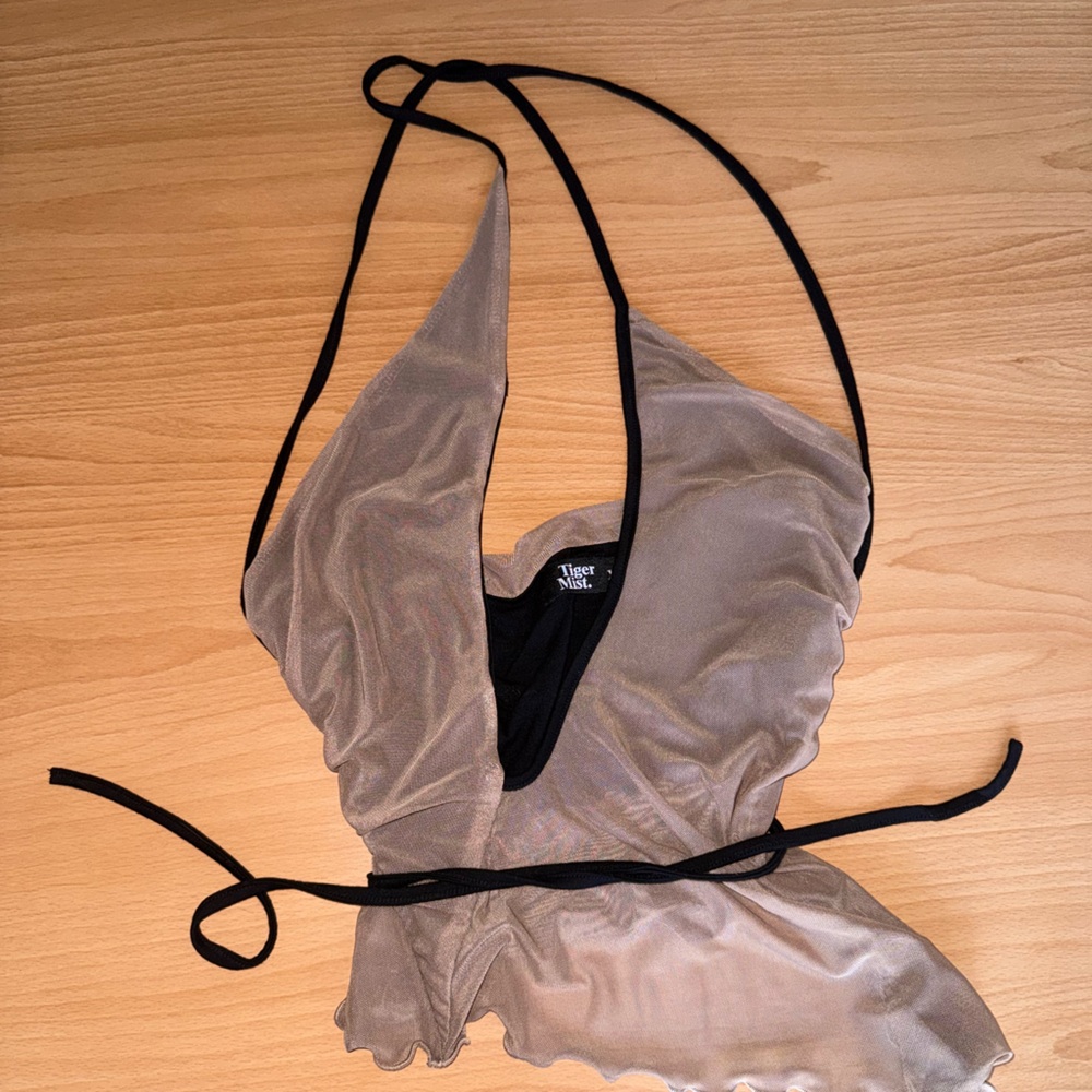 Tiger Mist Tan Sheer Top with Black Accents